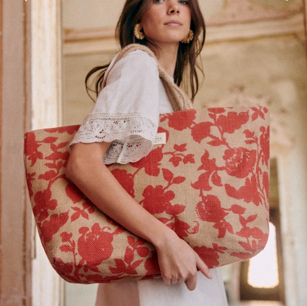 Sezane Large Jute Floral Red Tote Bag